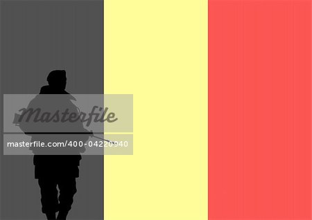 Silhouette of a Belgian soldier with the flag of Belgium in the background