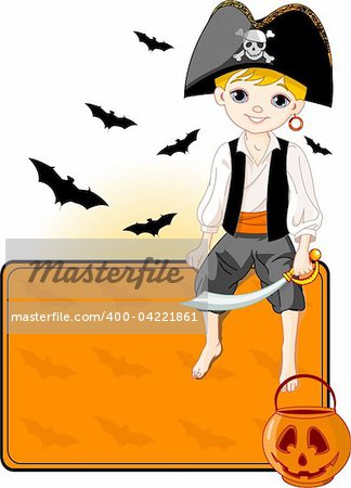 Illustration for Halloween with a cute pirate sitting on place card. All objects are separate groups