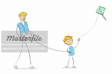 illustration of happy dad and son flying kite together