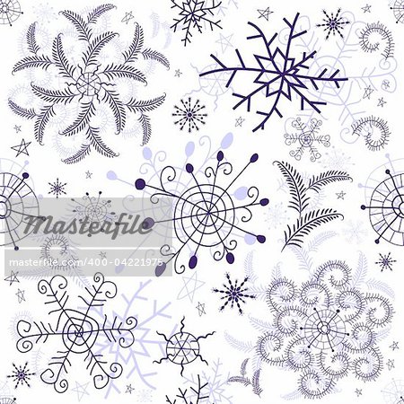 Seamless white christmas pattern with decorative violet snowflakes and stars (vector)