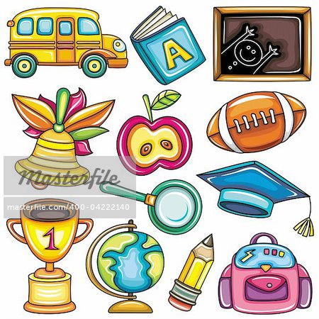 Vector set of colorful school design elements, isolated on white background.