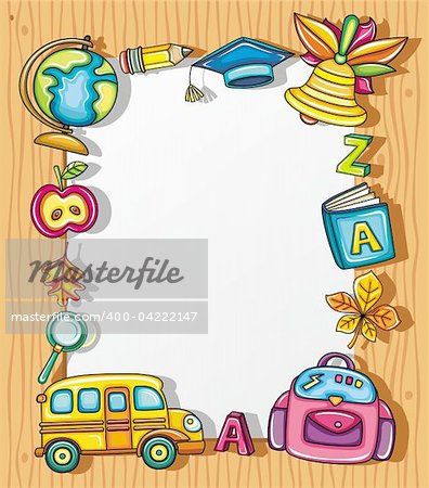 Cute frame with colorful school icons, isolated on wooden background.
