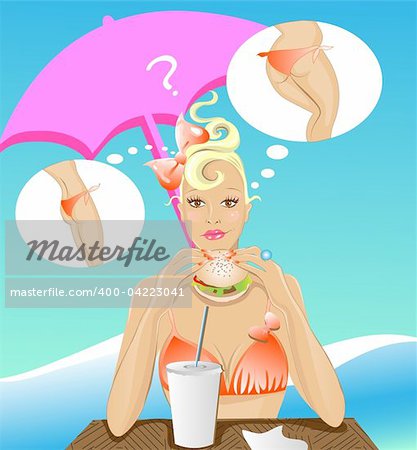 Vector illustration of beautiful blond girl thinking diet with her hamburger