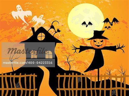 Vector picture about Halloween. Scarecrow, bats, scary house and full moon.