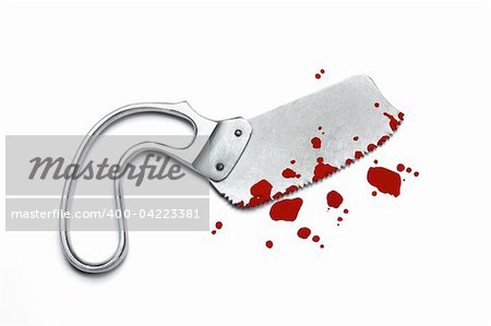 Surgical instrument (bone saw) covered with blood drops, isolated on white.