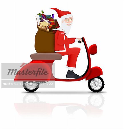 Illustrated Santa riding a scooter