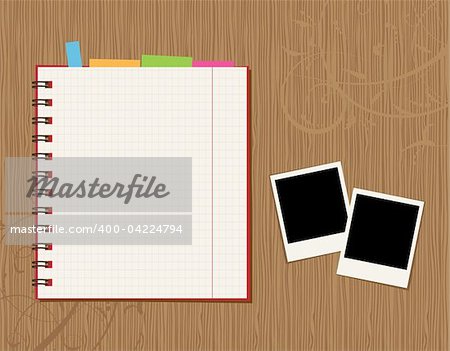 Notebook page design and photos on wooden background