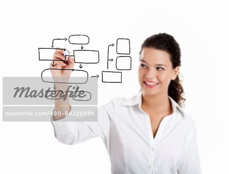 Young businesswoman drawing a diagram isolated on white background