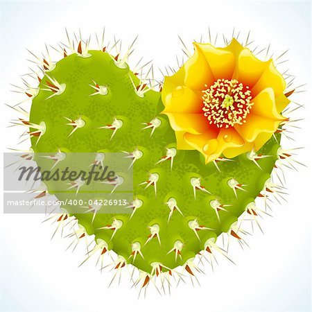 Vector thorny cactus in the shape of heart and yellow flower