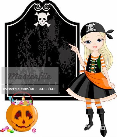 Pointing  girl dressed as pirates for Halloween party