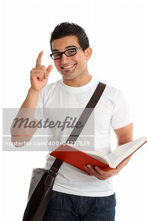 A smiling male university or college student with a question or answer.  He is holding an open textbook.  White background.