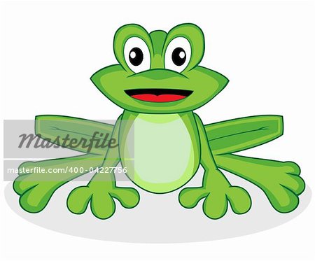 Vector illustration of a cute happy looking tiny green frog with big eyes. No gradient.