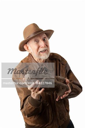 Adventurer or archaeologist in brown leather jacket offering to sell  idol