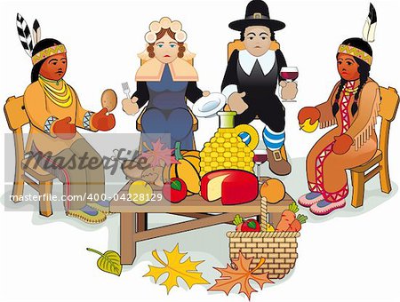 Illustration Thanksgiving Day. Pilgrims and Native American Couple