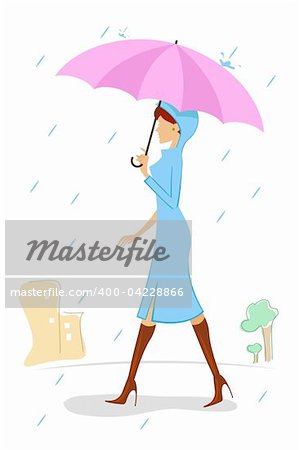 illustration of lady with umbrella in rainy day