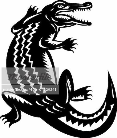 illustration of a crocodile done in retro woodcut style.