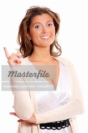 A portrait of a young beautiful woman having an idea over white background