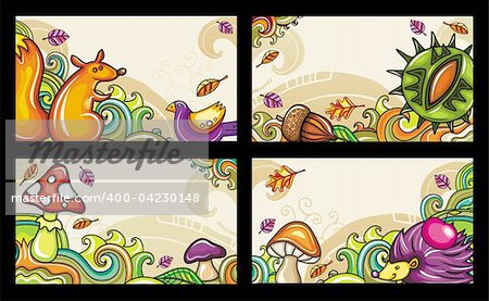 Decorative banners, Autumn theme:  Beautifully arranged  compositions of a forest  featuring  squirrel, hedgehog carrying apple, falling autumn leaves, mushrooms.
