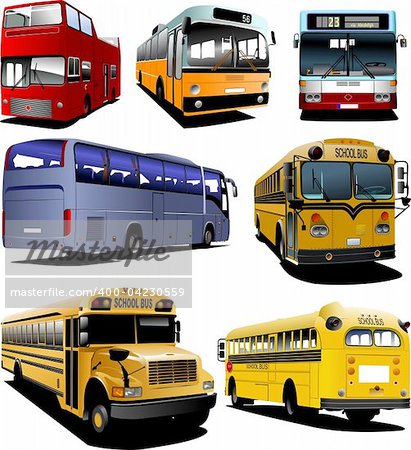 Seven city buses. Coach. School bus. Vector illustration for designers