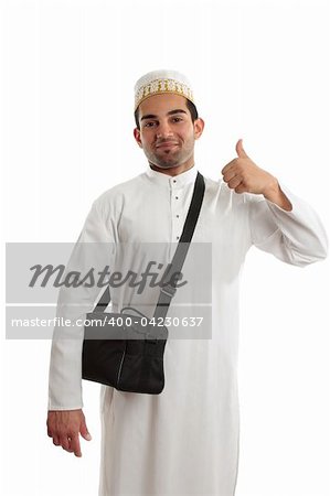 Happy ethnic arab man showing a thumbs up hand sign.  White background.