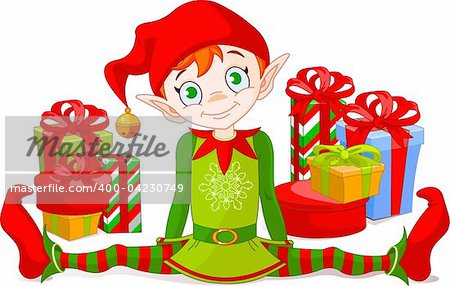 Christmas Elf sitting with  a pile of gifts