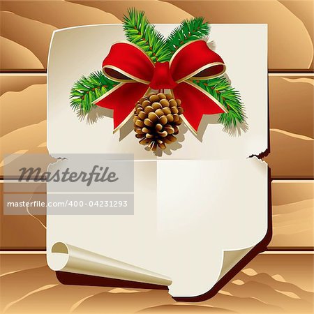 Xmas ribbon and blank paper leaf on wooden background. Vector illustration