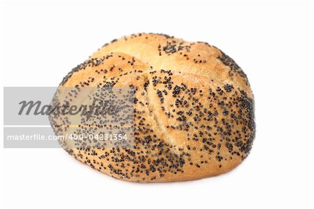 Close-up of a poppy seed bun isolated on white background. Shallow dof