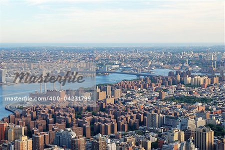 New York City Manhattan east Hudson River aerial view with Williamsburg Bridge and Brooklyn