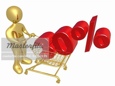3d person pushing a shopping cart with a 30% 3d text on it.