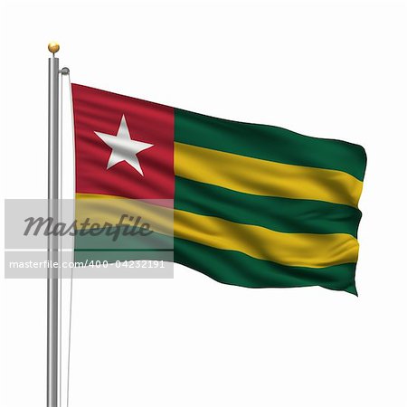 Flag of Togo with flag pole waving in the wind over white background