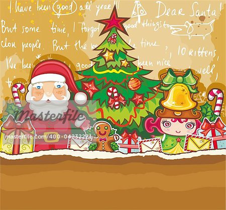 Christmas theme: Santa Claus, cute little girl and lots of holiday decorations.