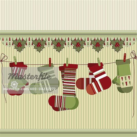 Retro Christmas background with socks and mittens.
