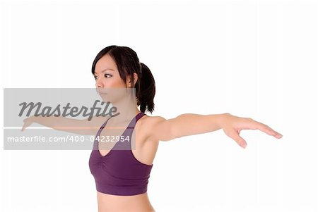 Yoga, Asian woman doing exercise isolated over white.