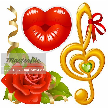 Vector set of Love: corner with red rose, femail lips in the shape of heart and golden Treble clef