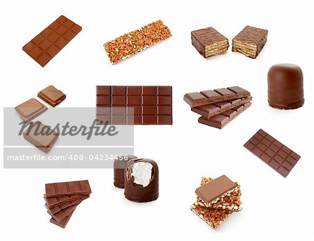 collection of various chocolate bars on white background. each one is in full cameras resolution