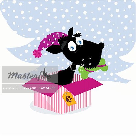 Cute black dog with Santa hat in winter nature. Vector Illustration.