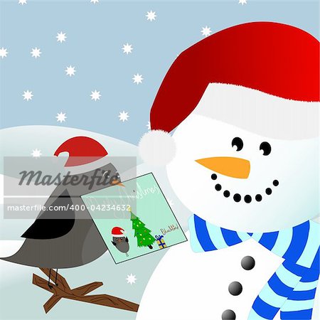 Vector image of a blackbird giving a christmas card to a snowman in a winter environment