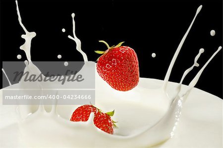 strawberries and milk splash on black background