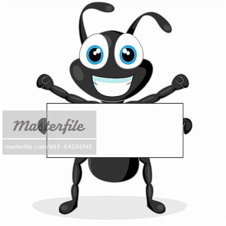 vector illustration of a cute little black ant with blank sign. No gradient.