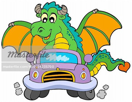 Cartoon dragon driving car - vector illustration.
