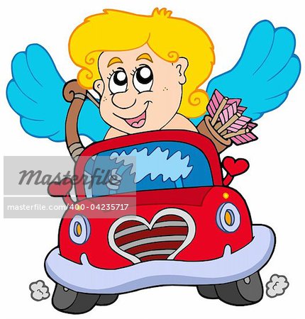 Cupid in red car - vector illustration.