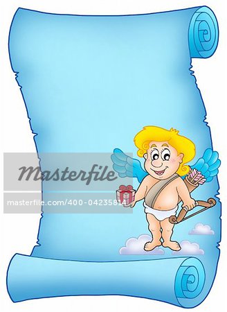 Blue scroll with Cupid holding gift - color illustration.