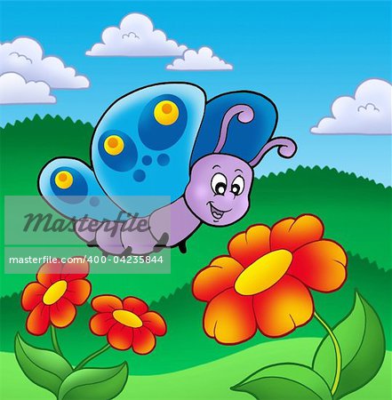 Cute butterfly near red flowers - color illustration.