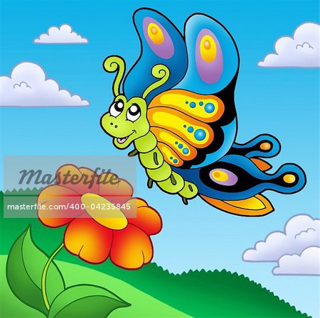 Cute butterfly with red flower - color illustration.