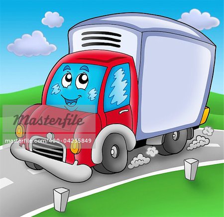 Cute delivery car on road - color illustration.