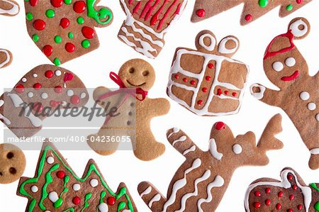 Homemade Gingerbread cookies with different shapes isolated on white background