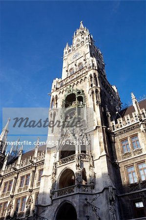 The towers and facade of the Neues Rathaus in Munich, Germany,