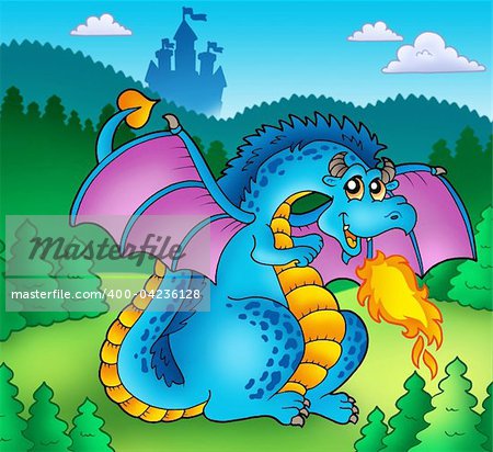 Big blue fire dragon with old castle - color illustration.