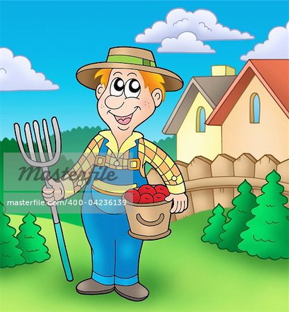 Cartoon farmer on garden - color illustration.