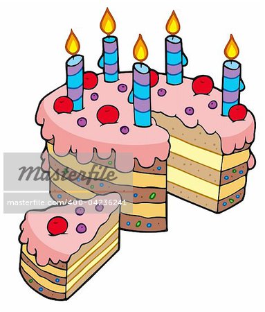 Cartoon sliced birthday cake - vector illustration.